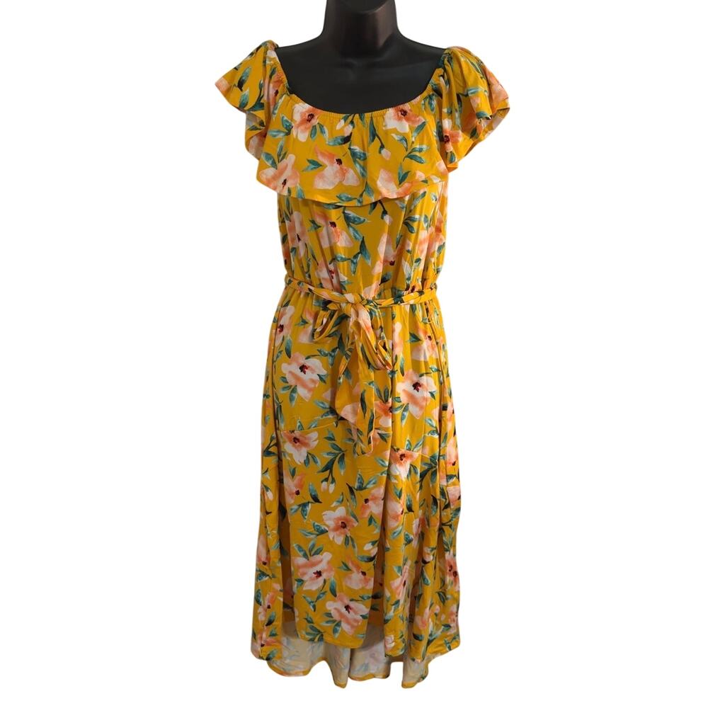 C. Wonder by Christian Siriano XS Floral Off Shoulder Ruffle Midi Dress Tie Belt